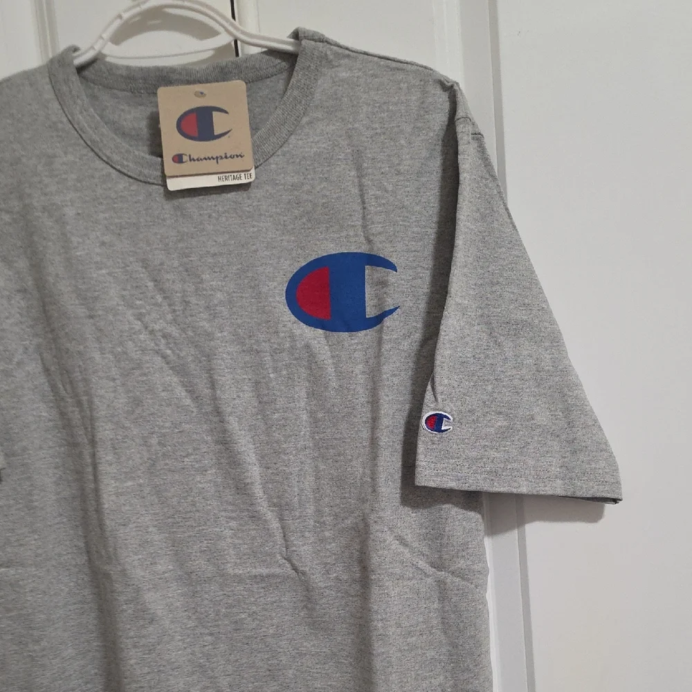 Champion Gray Short Sleeve Tee with Blue & Red Logo - Picture 3 of 3